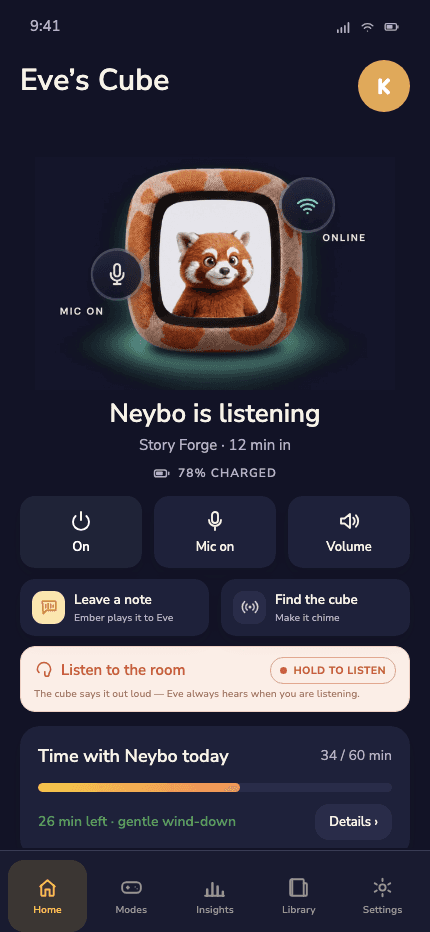 The Neybo parent app: cube status, modes and screen time