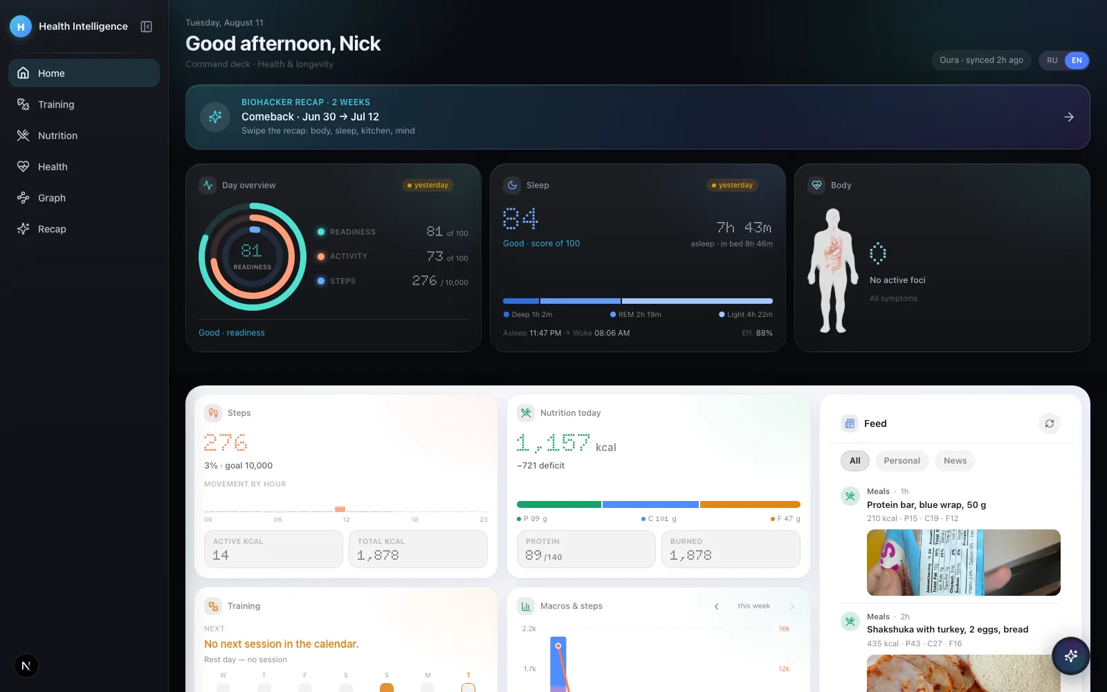 Health Intelligence: the command deck — readiness, sleep, nutrition and the food feed