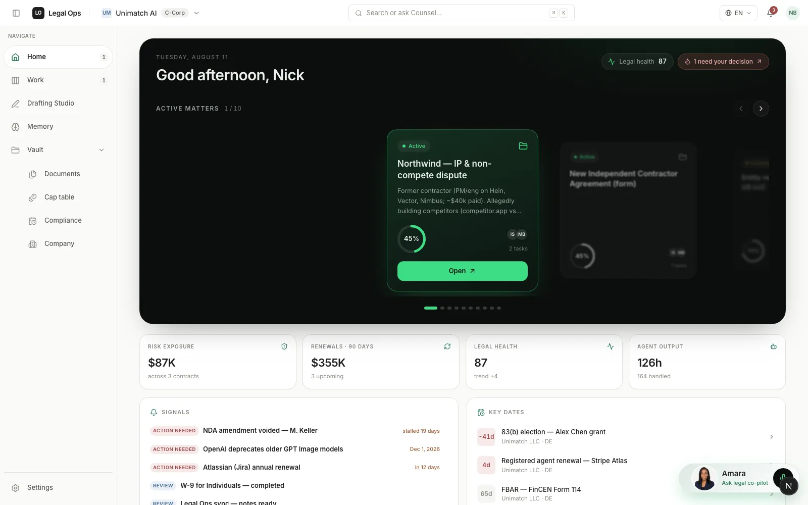 Legal OS: the home screen — active matters, risk metrics, signals and key dates