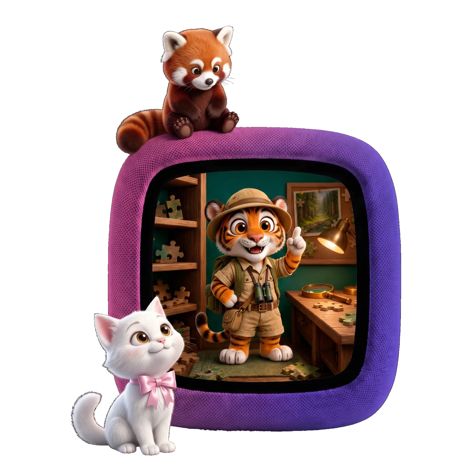 Neybo: the cube with the world on screen, Ember and Luna beside it