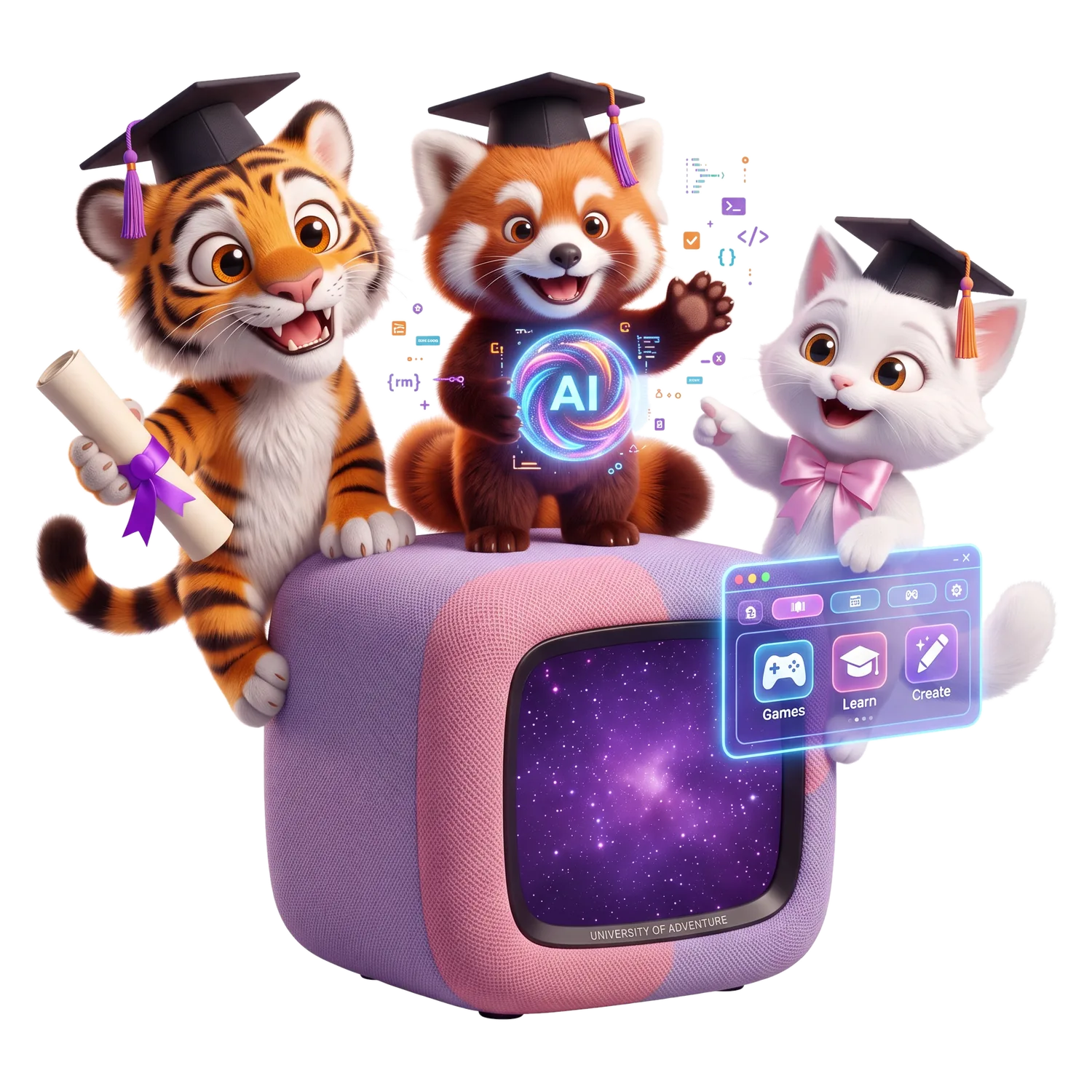 Neybo AI University: the Neybo characters in graduation caps around the cube, an agent hologram and a Games / Learn / Create panel